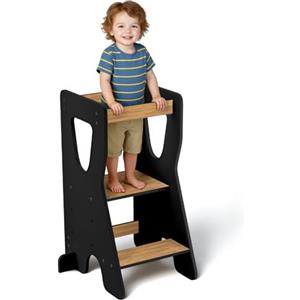 COSYLAND Torre Montessoriana Bambini - Torretta Montessoriana in Legno Naturale - 3 Altezze Regolabili per Sostenere l'Indipendenza del Bambino - Da 18 Mesi a 6 Anni (Nero e Naturale classico)