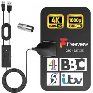 VINDENI Antenna TV Interna Amplificata Potente, HDTV 4K 1080P Antenna TV Portatile | Antenna TV, Portata di 250 Miglia, per DVB-T/T2, ISDB-T, DMB-T/H, ATSC, DAB/FM
