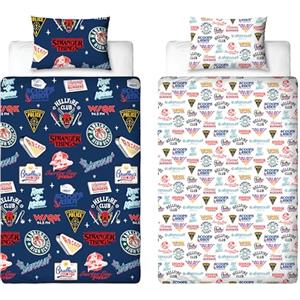 Character World Set copripiumino singolo ufficiale Stranger Things, design gorgone, reversibile, facile da pulire, set copripiumino su 2 lati con federa abbinata, stampa multicolore con logo Hellfire Club, Hawkins