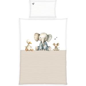 Herding babybest Set biancheria da letto per neonati, Cuddle Crew, motivo reversibile, copripiumino 100x135 cm, federa 40x60 cm, con risvolto e cerniera, 100% cotone/renforcé, bianco/beige