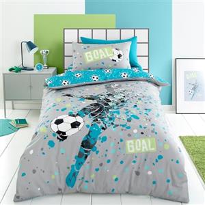 Bedlam Biancheria da letto Bedlam Blue Aqua Football Set copripiumino - Singolo 140 x 200 cm - Design reversibile calcio - Accessori per camera da letto ragazzi - tema calcio con federa