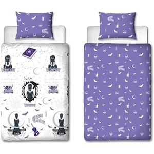 Character World Wednesday - Set copripiumino per letto singolo, design destinato, reversibile, 2 lati, prodotto ufficiale, con federa coordinata, trapunta per letto singolo viola e bianco