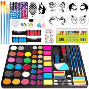 AUTTOYS Kit per la pittura del viso per bambini, 42 colori a base d'acqua, non tossica, con 4 pennelli, 38 stencil, 6 stencil riutilizzabili, ecc. Pitture per il viso lavabili per compleanni, feste di