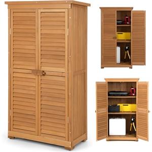 RELAX4LIFE Armadio da Esterno in Legno Naturale - 87x47x160 cm - Tetto in Asfalto Impermeabile + Ante a Persiana per Ventilazione - 3 Ripiani Regolabili - Per Giardino, Terrazza e Attrezzi