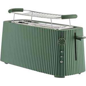 Alessi Plissé MDL15 GR - Tostapane Lungo a Doppio Scomparto, in Resina Termoplastica, Griglia Scalda Brioche in Acciaio Inossidabile 18/10 e Resina Termoplastica, Spina Europea 1700 W, Verde