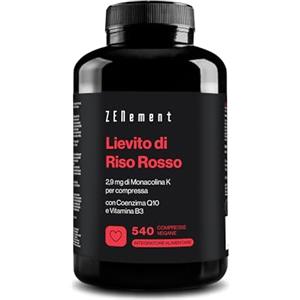 Zenement Riso Rosso Fermentato - 2,9 mg Monacolina K con CoQ10-540 Compresse | con Vitamina B3, Senza Citrinina, Vegano, Senza Glutine, 1 al Giorno, 540 Dosi - Zenement