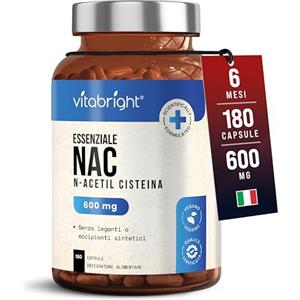 VitaBright NAC N-Acetil-Cisteina 600 mg | 180 Capsule | 6 Mesi di Fornitura | N Acetilcisteina in Polvere in Capsule Apribili e Facili da Assumere | Integratore Alimentare a Base di NAC 600 mg | VitaBright