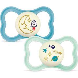 Mam Succhietto Air Night 16+ Mesi, Si Illumina Al Buio, Mascherina Con Ampi Fori, Per Pelli Sensibili, Tettarella In Silicone e Porta Ciuccio, Azzurro/celeste, 2 Pezzi
