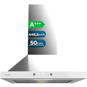 Cecotec Cappa Piramidale 50cm Bolero Flux PT 504400 Inox A++. Vetro Frontale Bianco, Aspirazione 449,5m³/h, Controllo Touch Invisibile, Funzione Booster, Filtri Lavabili, Classe A++, Per Cucina Pulita