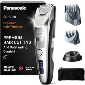 Panasonic ER-SC60-S803 Tagliacapelli da Uomo, Tagliacapelli Cordless Portatile Impermeabile, 20 Impostazioni di Lunghezza, 2 Accessori, Funzionamento Wireless e Cavo, Supporto di Ricarica, Argento