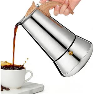Romon Moka Acciaio Inox Argento, 300ml 6 Tazze, Caffettiera in Acciaio Inossidabile con Manico di Legno, Compatible con Forno a Gas, Vitroceramico e Camping