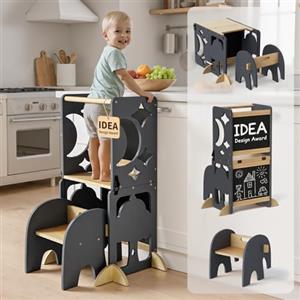 COSYLAND Torre Montessoriana Bambini 4 in 1 - Torretta Montessoriana Vincitrice IDEA Award, Set Scrivania e Sedia in Legno con Doppia Lavagna(Grigio & Naturale)