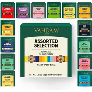 VAHDAM Assortimento 15 Te in Bustine Piramidali | Set degustazione con 15 tè assortiti in bustine piramidali, idea regalo per donne e uomini