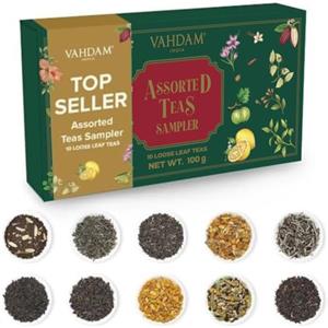VAHDAM Set Regalo 10 Te in Foglie | Nero, Verde, Oolong, Bianco | Set regalo degustazione con 10 tè in foglie sfusi: nero, verde, oolong e bianco, per donne e uomini