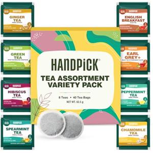 HANDPICK Set Regalo Tisane e Infusi | 8 Gusti, 40 Filtri Assortiti | Set regalo con 8 gusti in 40 filtri: English Breakfast, tè verde, tè nero, tisane e altro