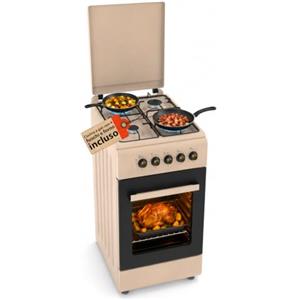 Avilia Cucina a Gas 50x50 cm con Forno a Gas 49 Litri e 4 Fuochi di Diversa Potenza Cucina a Gas Libera Installazione con Valvole di Sicurezza, Coperchio e Griglie Smaltate (Crema)