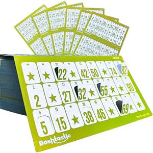 Bashtastic 504 Cartelle Tombola con Finestrelle Riutilizzabili, Giallo | Cartelle in Cartoncino da 240 g, Tutte Diverse, per Tombola Classica a 90 Numeri, Ideali per Natale, Famiglia ed Eventi