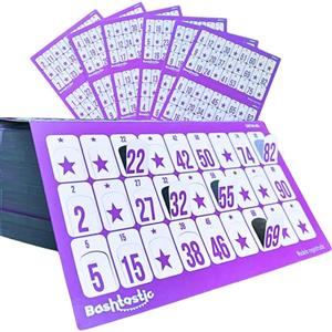 Bashtastic 504 Cartelle Tombola con Finestrelle - Cartelle Tombola Classica, Cartella Riutilizzabile, Numerate e Tutte Diverse tra Loro per il Gioco Tradizionale e Bingo 90 Palline, Colore Lilla