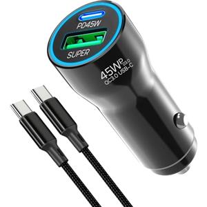 Sumtailyn Caricabatteria da auto USB C, PD45W & QC30W, con cavo di ricarica di tipo C da 2 m per Samsung Galaxy S26 Ultra S25 S24 A56 A55 A36 A17 5G, adattatore USB da 12 V per iPhone 17, 16, 15 Pro Max