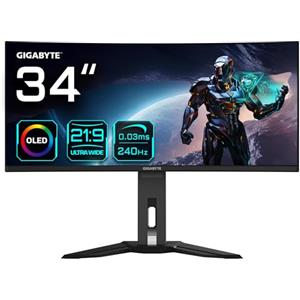Gigabyte Monitor da gioco curvo OLED WQHD MO34WQC2 da 34" - 3440 x 1440, 240Hz, 0.03ms, KVM, 250 cd/m², FreeSync Premium Pro, DisplayHDR True Black 400, HDMI 2.1, Displayport 1.4