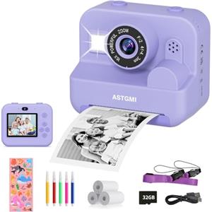 ASTGMI Macchina Fotografica Bambini Istantanea, 2,4 Pollici 1080P Fotocamera Bambini Selfie con Carta da Stampa e 32GB Scheda, Giocattolo Regalo di Natale Bambino e Bambina 3 4 5 6 7 8 Anni (Viola)