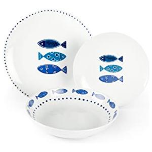 Excelsa Ocean Servizio Piatti 18 Pezzi, Porcellana, Bianco/Azzurro