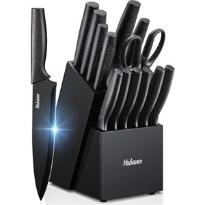 Yabano Set Coltelli da Cucina, Ceppo Coltelli in Acciaio 14 Pezzi, Ceppo Autoaffilante, Blocco Coltello per Pane, Carne, Verdure e altro, Nero