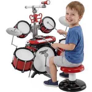HOMCOM Set Batteria per Bambini con 5 Tamburi Jazz 77.5x40x76.5cm Rosso | Con Strumenti Musicali, Sgabello, Giocattolo Musicale Educativo per Bambini, Effetti Sonori, Microfono Giocattolo
