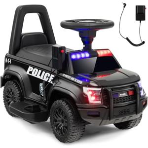 Mondial Toys Macchina Polizia Elettrica per Bambini 6V con Sirena Megafono Luci Led Lampeggianti realistici Schienale Dispositivo Anti Ribaltamento da 18 Mesi Peso Massimo 25KG (Nero)