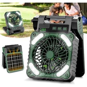 AKOFIC Ventilatore con Pannello Solare, 10400mAh Ventilatore da Campeggio Ricaricabile, Ventilatore da Esterno a Batteria Portatile con Luci LED, 4 Velocità ventilatore Tavolo Silenzioso per Viaggio
