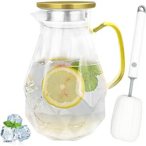 Gentpovth 2.2 litri Trasparente caraffa in vetro, con Acciaio inossidabile Coperchio e spazzola morbida per la pulizia, per acqua calda e fredda, il tè freddo, vino, caffè, succo fatto in casa