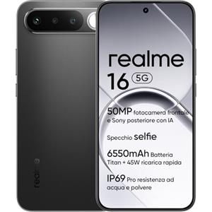 realme Smartphone realme 16 5G, 6GB+256GB, Display AMOLED 120Hz 6,57", Batteria 6550mAh, Fotocamera 50MP Sony IMX852, IP69Pro, Ricarica rapida 45W, Dual SIM, NEXTAi, Nero (Senza adattatore)