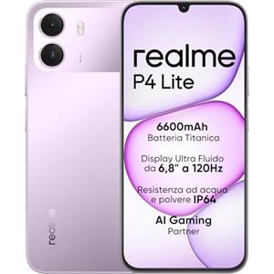 realme Smartphone realme P4 Lite 4G, 4GB+128GB, Display LCD HD 120Hz 6,8", Batteria Titan 6600mAh, Ricarica 15W, Ricarica inversa 6W, IP64, Sistema Next AI, Viola Pulse (Senza caricabatterie)