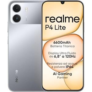 realme Smartphone realme P4 Lite 4G, 4GB+256GB, Display LCD HD 120Hz 6,8", Batteria Titan 6600mAh, Ricarica 15W, Ricarica inversa 6W, IP64, Sistema Next AI, Grigio Titan (Senza caricabatterie)
