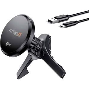 Technaxx TX-323, caricabatterie magnetico da auto da 15 W, caricabatteria da auto con supporto Qi2, supporto per telefono con un anello metallico per la bocchetta d'aria, cavo da USB-A a USB-C
