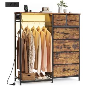 SONGMICS Stand Appendiabiti con Cassettiera, Armadio Aperto con 6 Cassetti in Tessuto e Barra, Ripiano Inferiore, 102,7 x 35 x 117,6 cm, Marrone Vintage, Collezione BELLAH LGS523K102