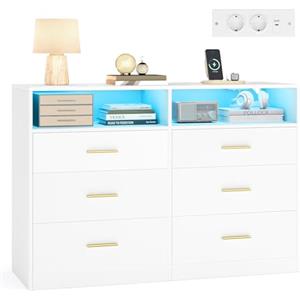 VASAGLE CUSTOS Collezione - Cassettiera Camera da Letto, con LED e Presa Multipla, Moderno, Mobile TV per Soggiorno, 6 Cassetti, 40 x 119 x 81,2 cm, Bianco Opaco LTS316WB01
