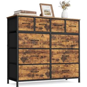 SONGMICS Cassettiera con 10 Cassetti in Tessuto, Mobiletto Organizer, Struttura in Acciaio, per Camera da Letto, Soggiorno, 98,7 x 30 x 96,2 cm, Marrone Vintage, Collezione BELLAH LGS236K101