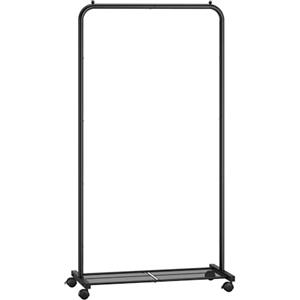 SONGMICS Stand Appendiabiti con Ruote, Appendiabiti Largo 74 cm, con Ripiano a Rete Fitta, Regge fino a 35 kg, 2 Ruote con Freno, Struttura in Metallo, Nero HSR130B01