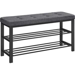 SONGMICS Panca Scarpiera, Scaffale Porta Scarpe a 3 Ripiani, Portaoggetti, Sedile Imbottito, Lino, Struttura in Metallo, Entrata Soggiorno Corridoio, 31 x 100 x 49 cm, Grigio Scuro e Nero LBS579B01