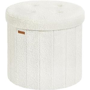 SONGMICS MAZIE Collezione - Pouf Contenitore Rotondo, Sgabello Poggiapiedi Pieghevole con Coperchio, Cassapanca, Montaggio Facile, Peluche per Camera, Soggiorno, Ingresso, Bianco Crema LSF606W01