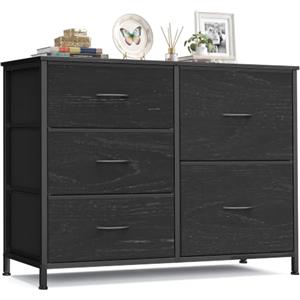 SONGMICS Cassettiera con 5 Cassetti in Tessuto, Struttura in Acciaio, Mobiletto Portaoggetti, 98,7 x 30 x 74,7 cm, per Camera da Letto, Soggiorno, Nero Ebano, Collezione Bellah LGS235B201