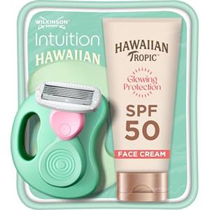 HAWAIIAN Tropic Kit mini rasoio Wilkinson Sword e crema solare viso Hawaiian Tropic 50 ml | Kit rasoio da viaggio Complete Care Mini con custodia e crema solare viso SPF 50 con burro di karité e vitamina E
