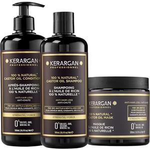 Kerargan - Trio Anti-Caduta Shampoo, Balsamo & Maschera all'Olio di Ricino per Capelli Secchi, Fragili o Devitalizzati - Accelera la Crescita dei Capelli - Senza Solfati, Silicone - 3x500 ml