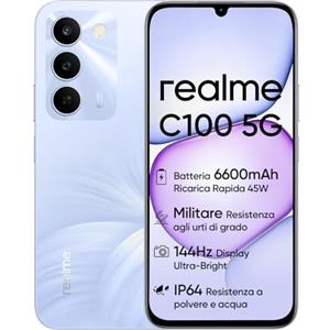 realme C100 5G Smartphone, 4GB+128GB, Display LCD 144Hz 6,5", Batteria 6600mAh, Fotocamera 50MP IA, IP64, Ricarica Rapida 45W, Dual SIM, AI Boost, Viola (Senza Adattatore)