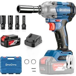 Dong Cheng DongCheng 20V Avvitatore a impulsi a batteria per auto, 682 Nm, 4,0Ah | Brushless, 1/2, 3 velocità, LED, compatto e facile da usare, set con valigetta e bussole, per bulloni ruote e cambio gomme