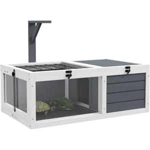 PawHut Casa per Tartarughe di Terra, Terrario Tartarughe di Terra, Grigio | 2 Coperchi Apribili, 2 Spazi, Legno di Abete, 2 Vassoi Estraibili, Supporto per Lampada, Serratura