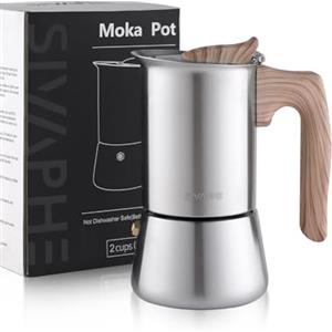 Sivaphe Stovetop - Caffettiera in Acciaio Inox da 1-2 Tazze, Moka a Induzione, 100 ml, da Campeggio, Italiana Con Istruzioni Passo Passo (1 Tazza = 50 ml)