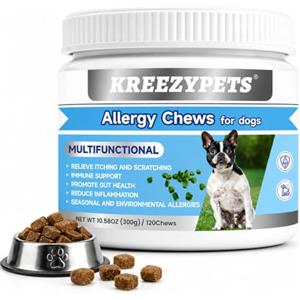 KreezyPets Integratore per Cani Pelle Sensibile - Omega 3, Probiotici e Curcuma | 120 chews morbidi - Aiuta il benessere di pelle e pelo - Supporto del sistema immunitario - Gusto pollo