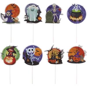 dekora - 48 Cake Topper Halloween in Carta per Torte, Cupcake e Muffin | Fantasmi, Streghe e Teschi, 8 Design, Decorazioni Halloween per feste bambini
